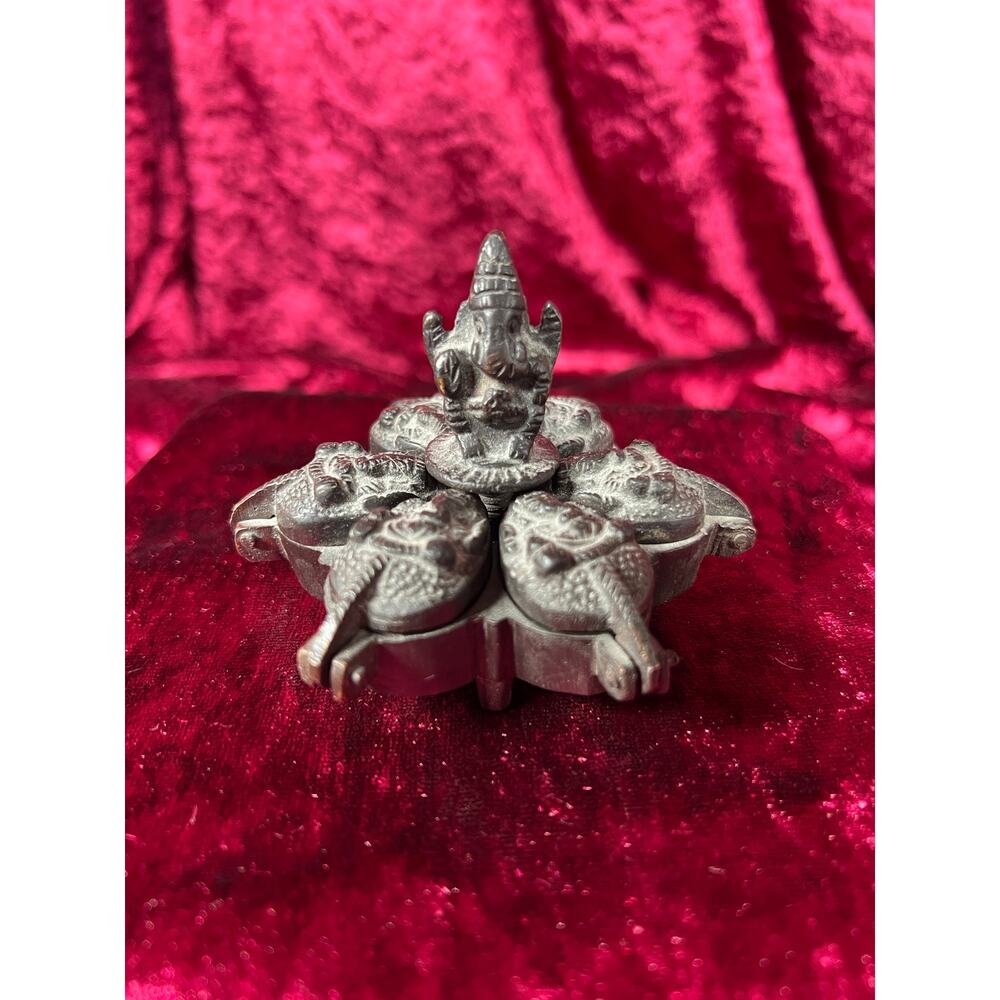 Vintage Oddities - Locking Brass Sindoor Box - Six Compartments - Ganesha